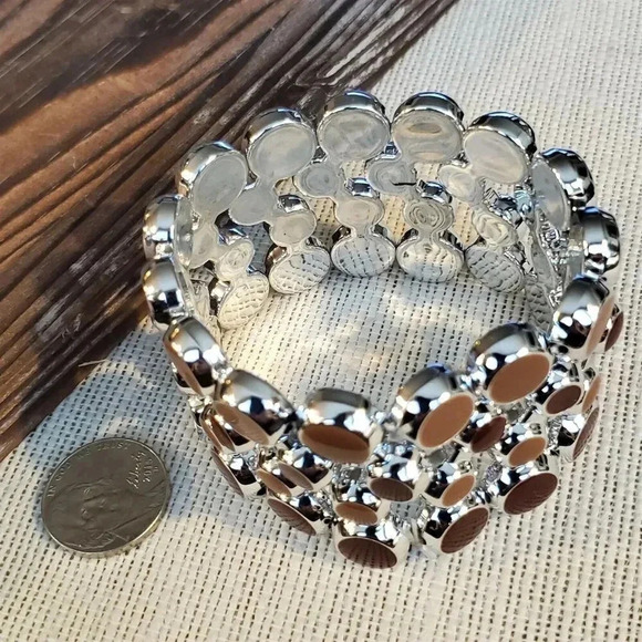 Retro Mid Century Modern Style Wide Acrylic Stretch Bracelet Brown Silver - Picture 8 of 8